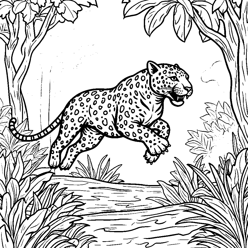 An adventurous jaguar jumping through a jungle, with letter J incorporated in the background