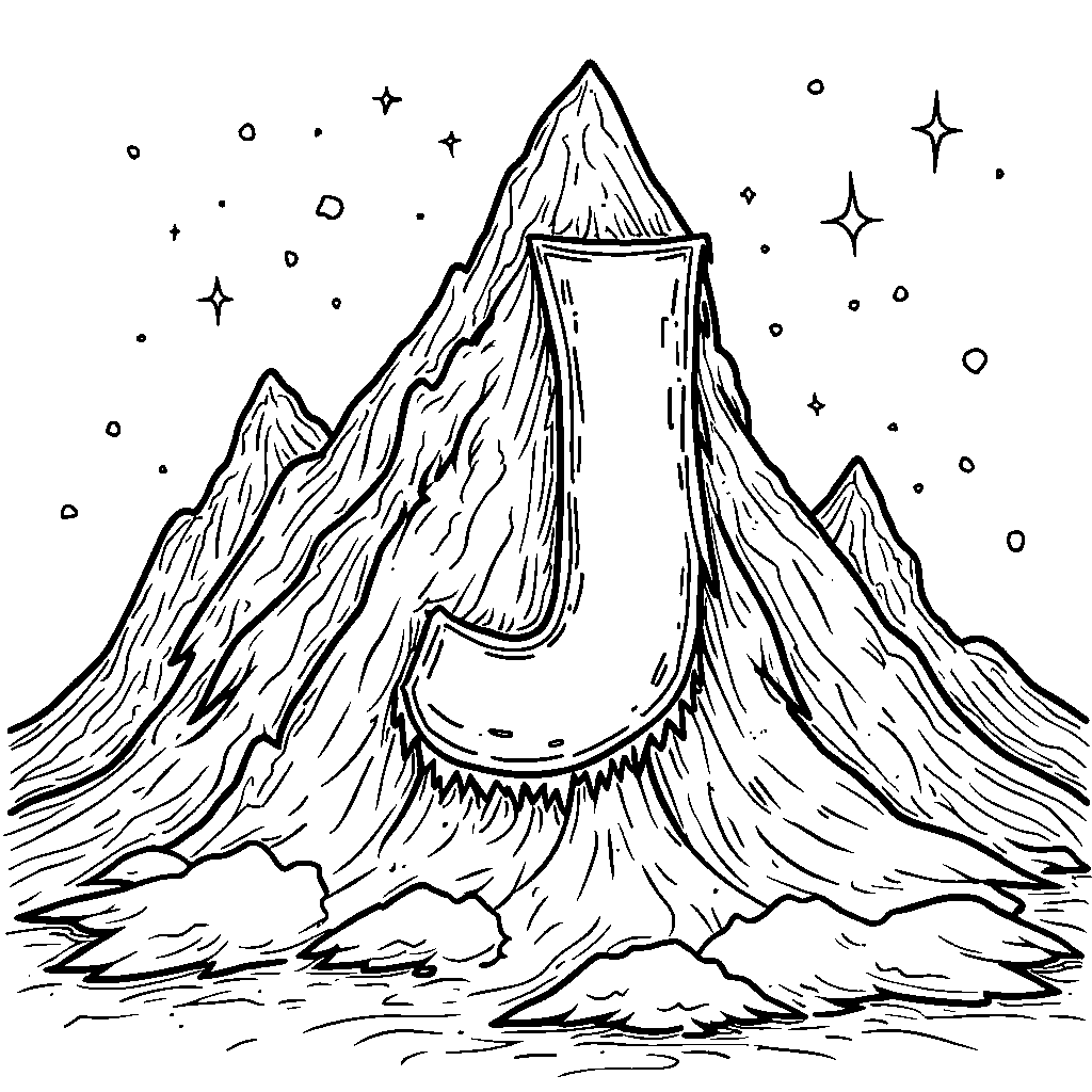 An icy mountain with a letter J made of snow at the peak