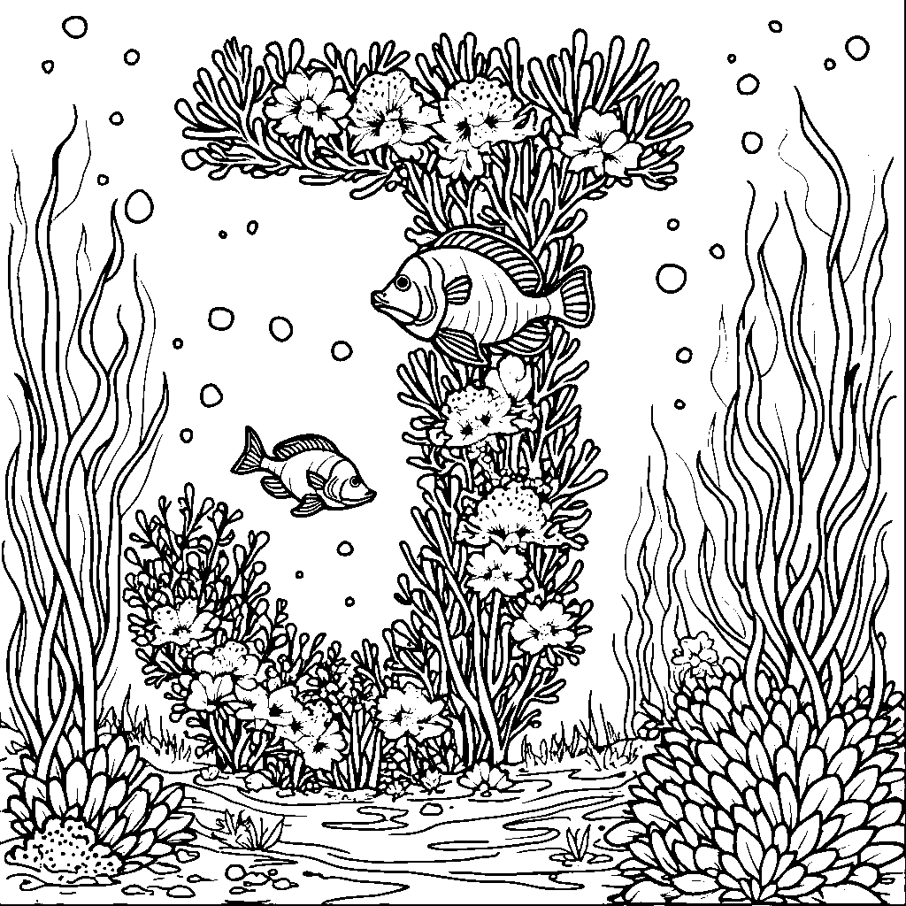 An underwater scene with a letter J formed by coral and fish