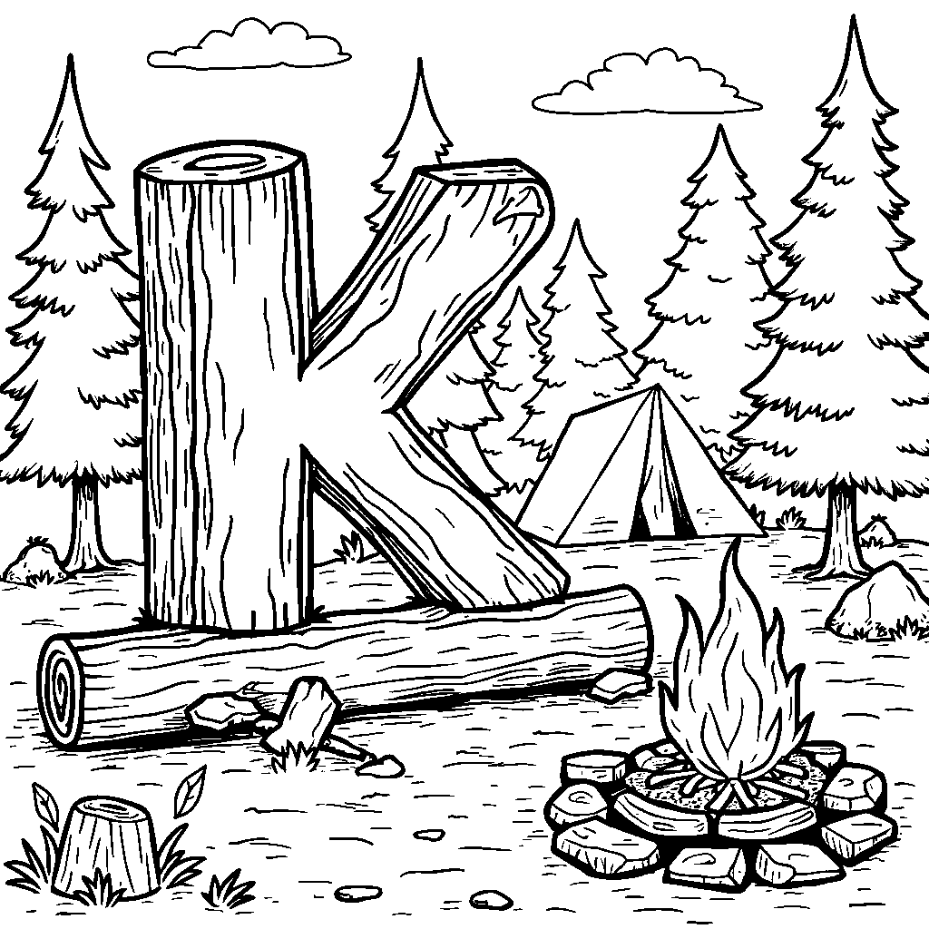 A camping scene where the letter K is made of logs and a campfire