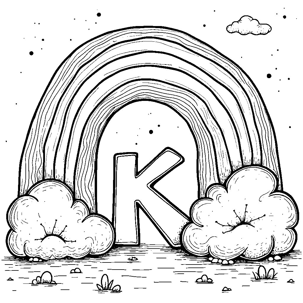 A colorful rainbow arching over a big letter K