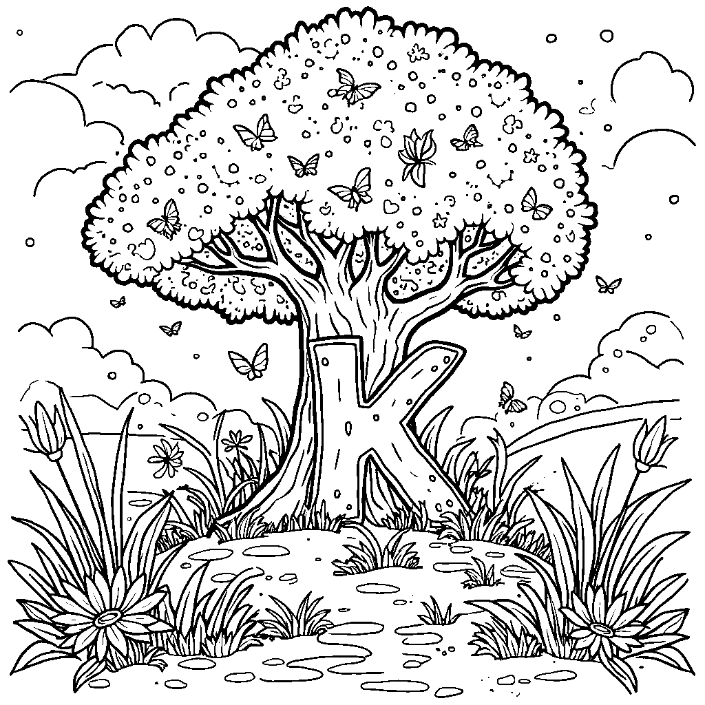 A fantasy landscape with the letter K as a talking tree