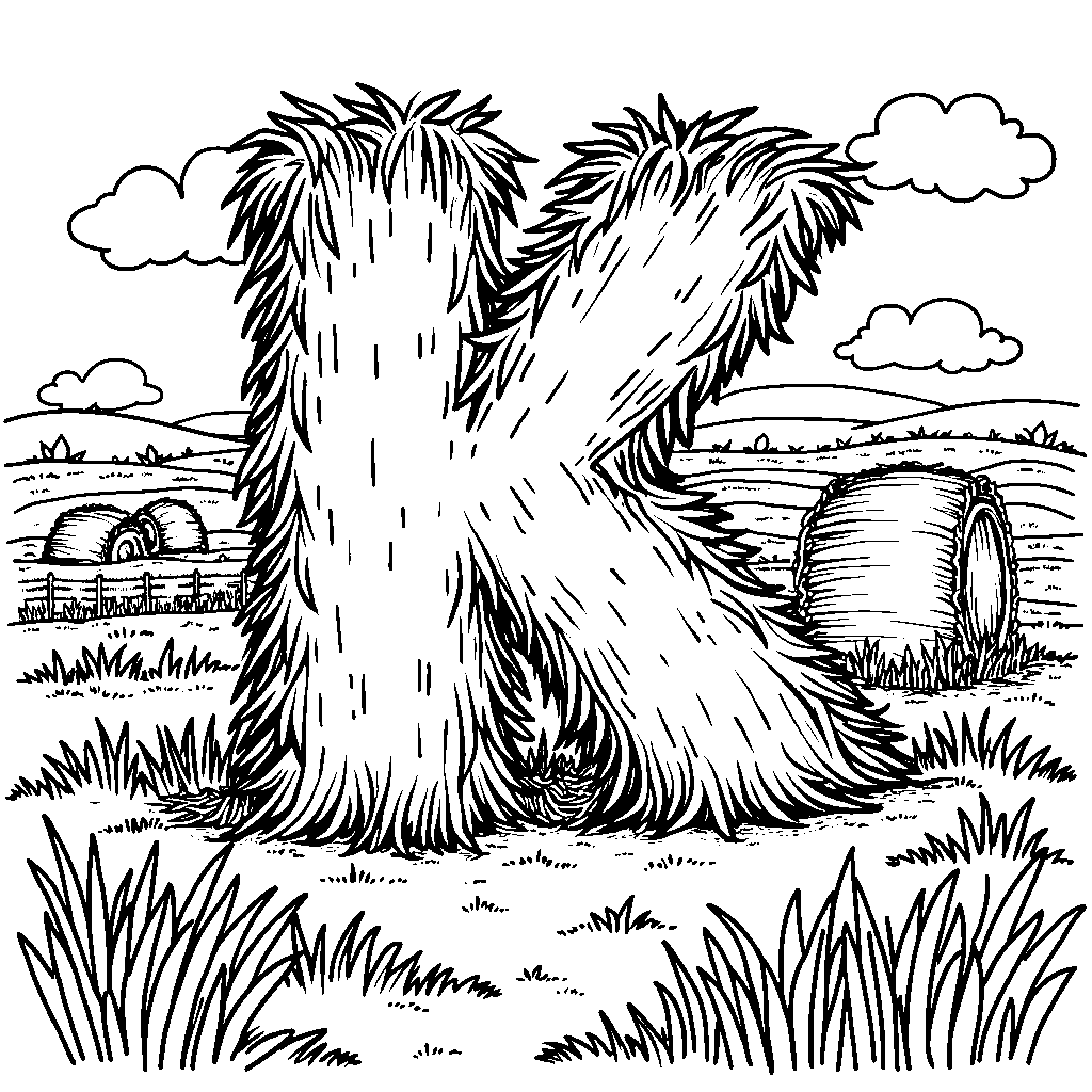 A farm scene where the letter K is made up of hay bales