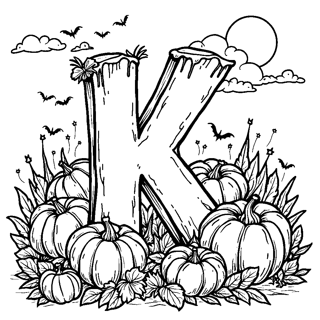 A Halloween theme with the letter K in a pumpkin patch