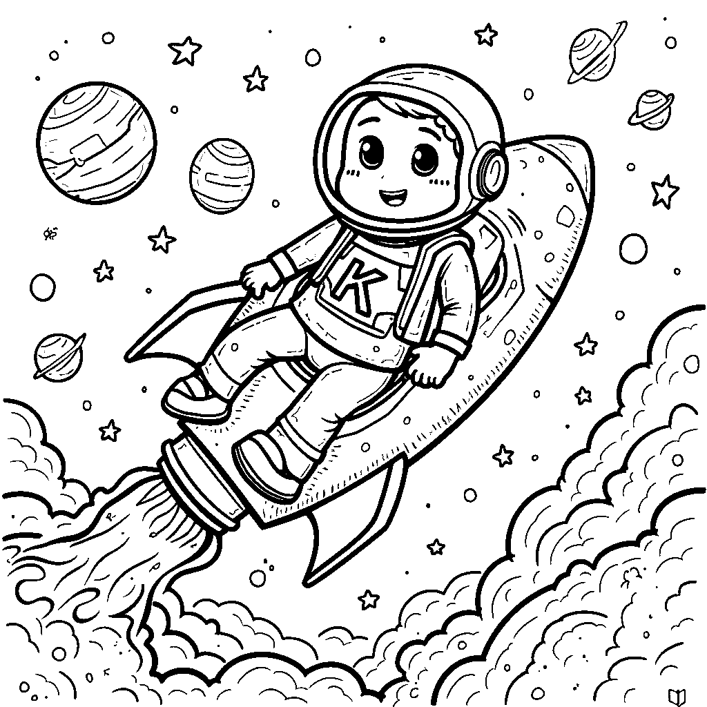 A letter K in a rocket ship having an adventure in space