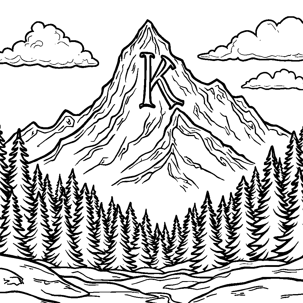 A mountain landscape with the letter K carved into the peak