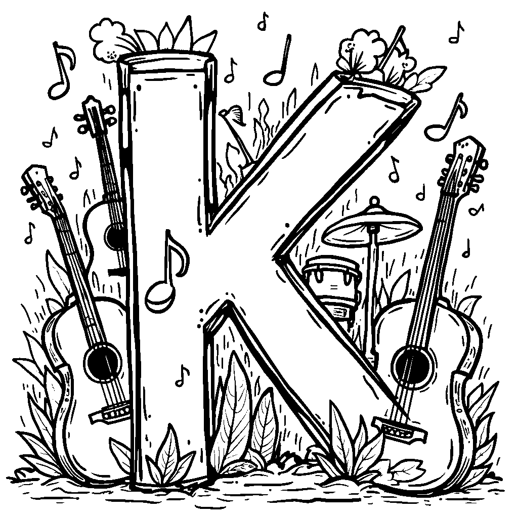 A musical scene with the letter K surrounded by instruments