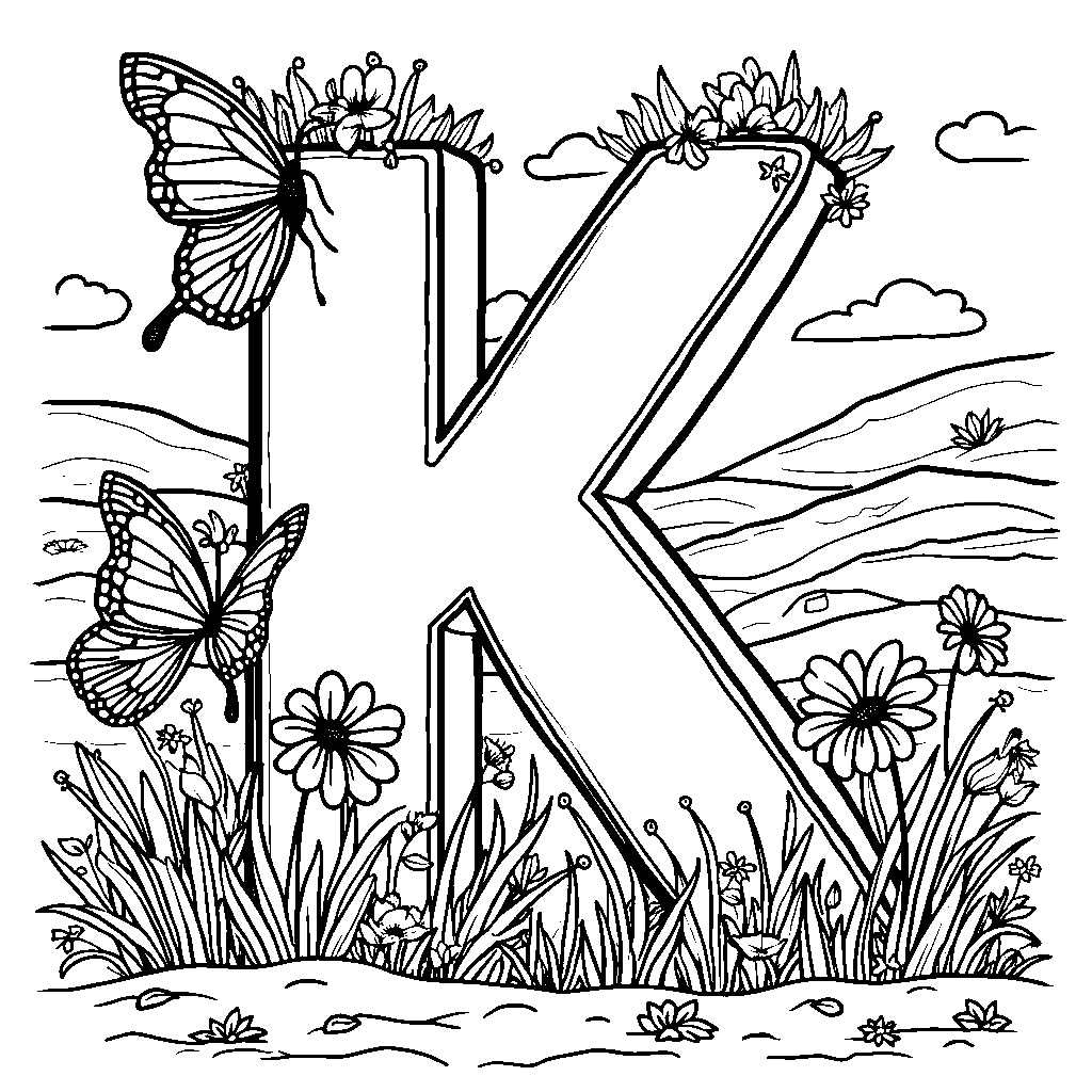 A nature scene with the letter K made of flowers and butterflies