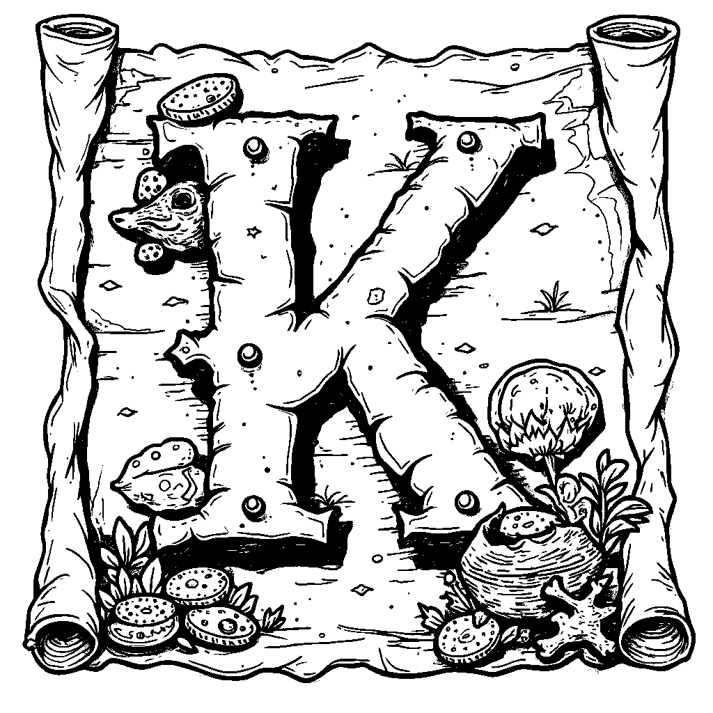 A pirate map highlighting the letter K with treasures