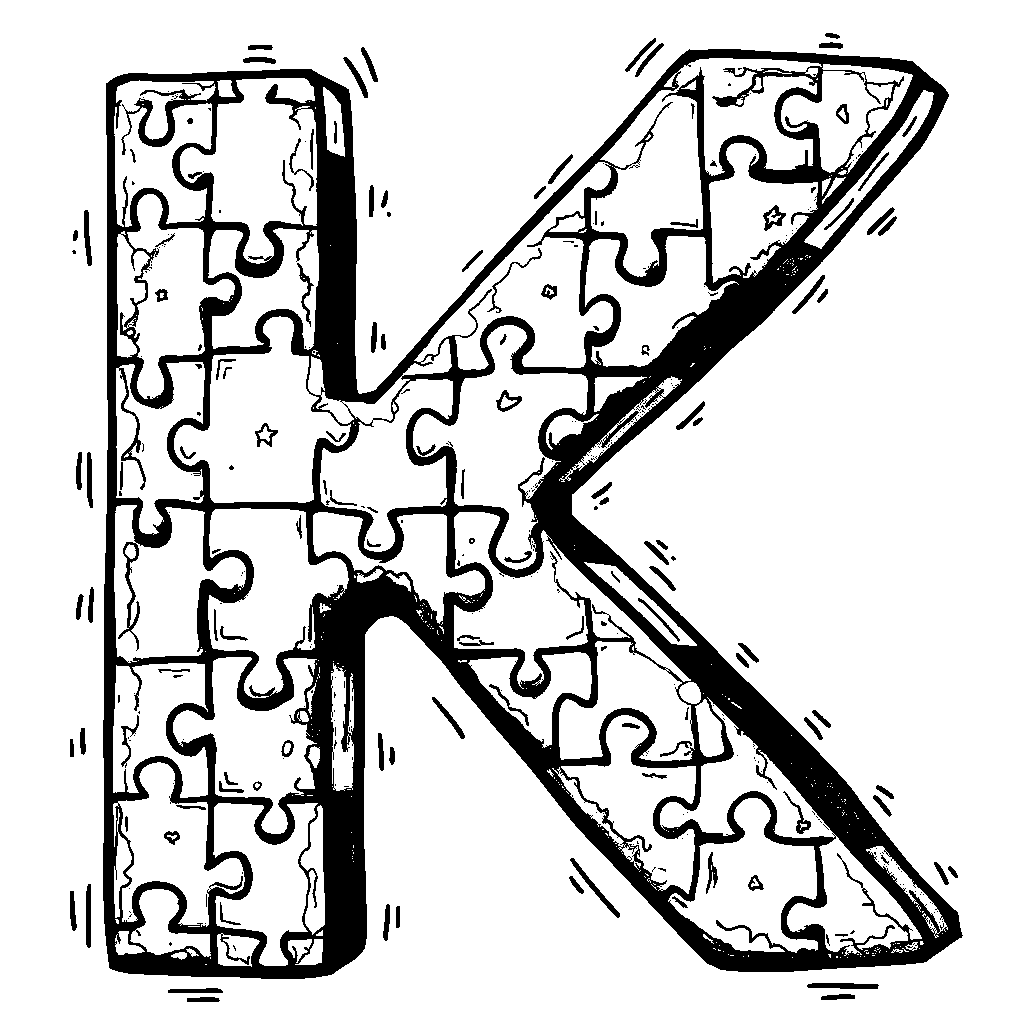 A playful letter K made up of colorful puzzle pieces