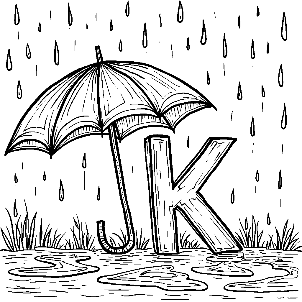 A rainy day scene with the letter K as a colorful umbrella