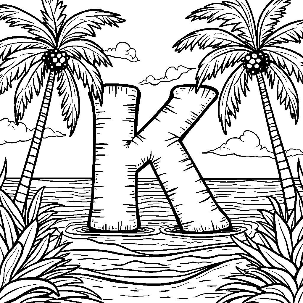 A tropical scene with the letter K made of palm trees