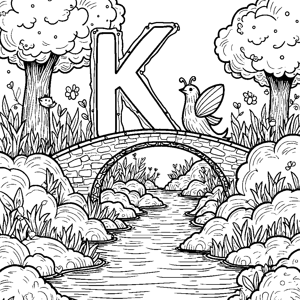 A whimsical world with the letter K as a bridge over a river