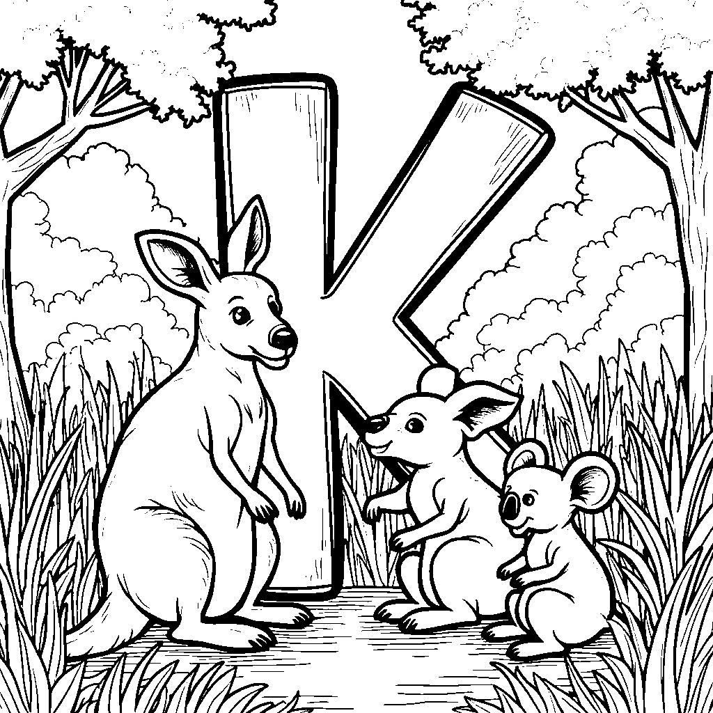 A zoo scene featuring animals that start with the letter K, like kangaroos and koalas, around the letter K