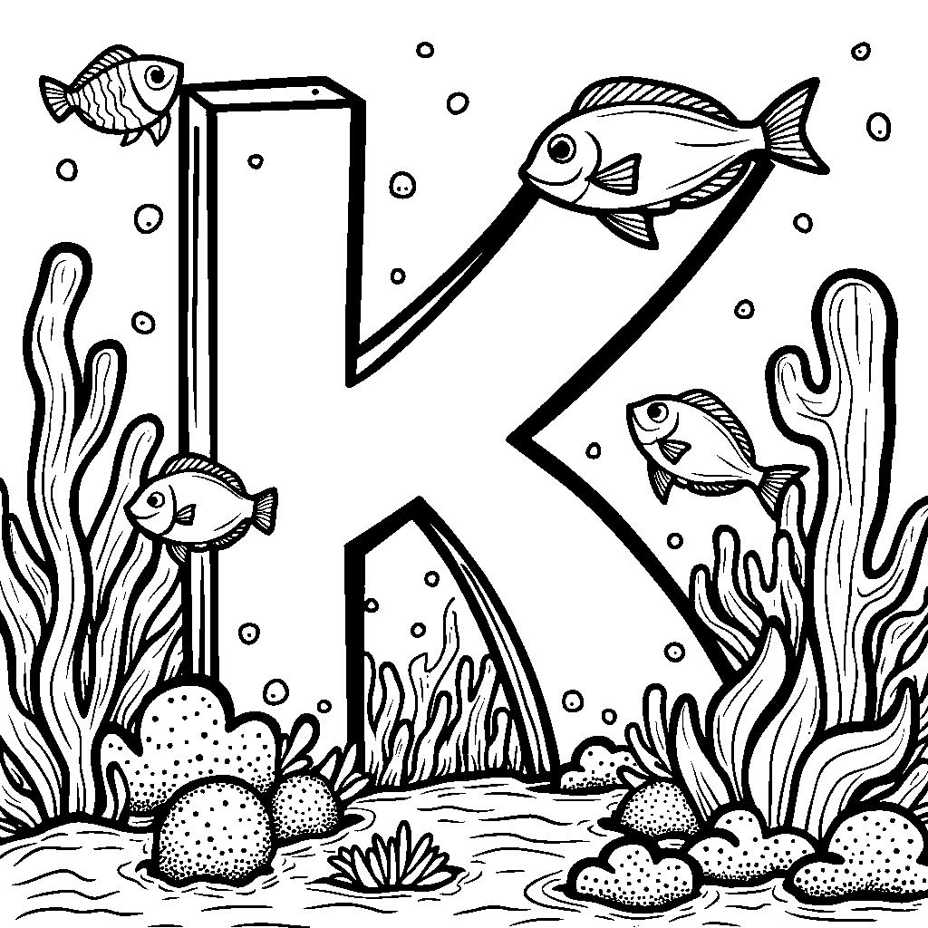 An underwater scene with the letter K surrounded by fish and coral