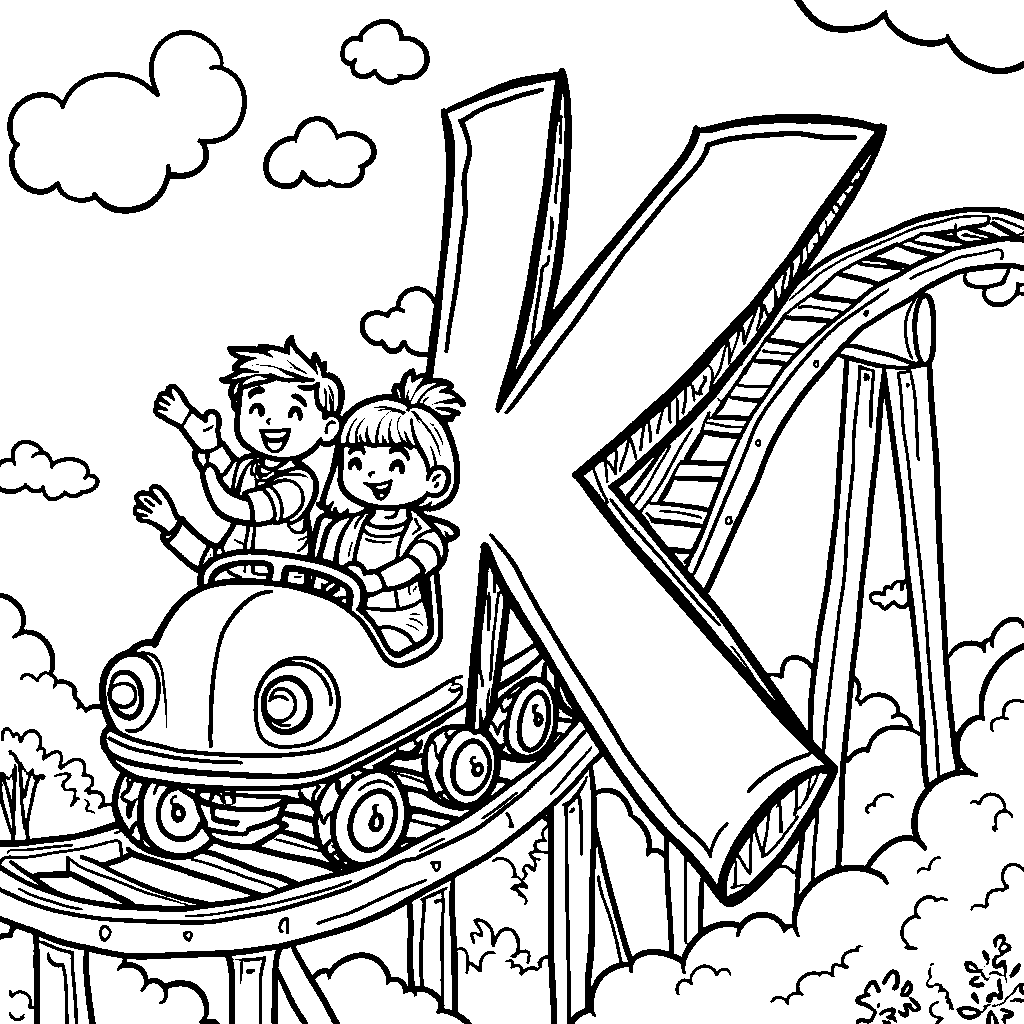 The letter K as a fun roller coaster with kids riding it