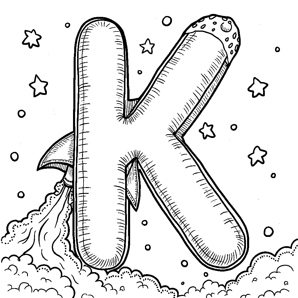 The letter K as a rocket ship blasting off into space