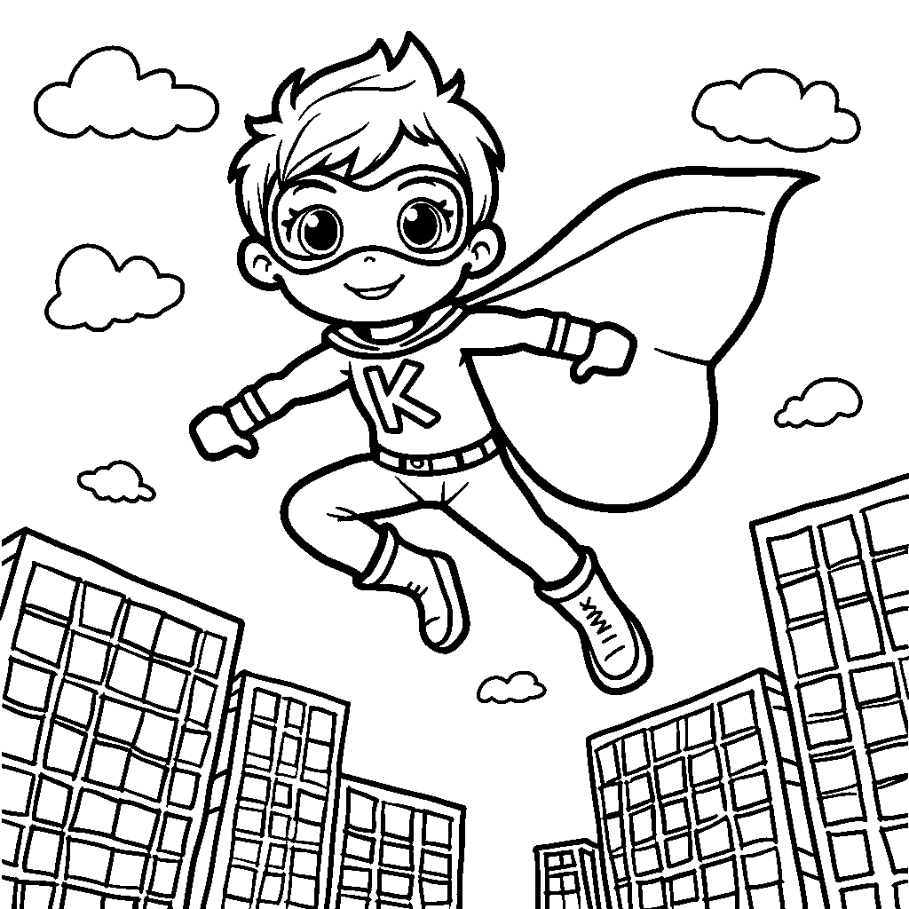 The letter K as a superhero flying through the sky