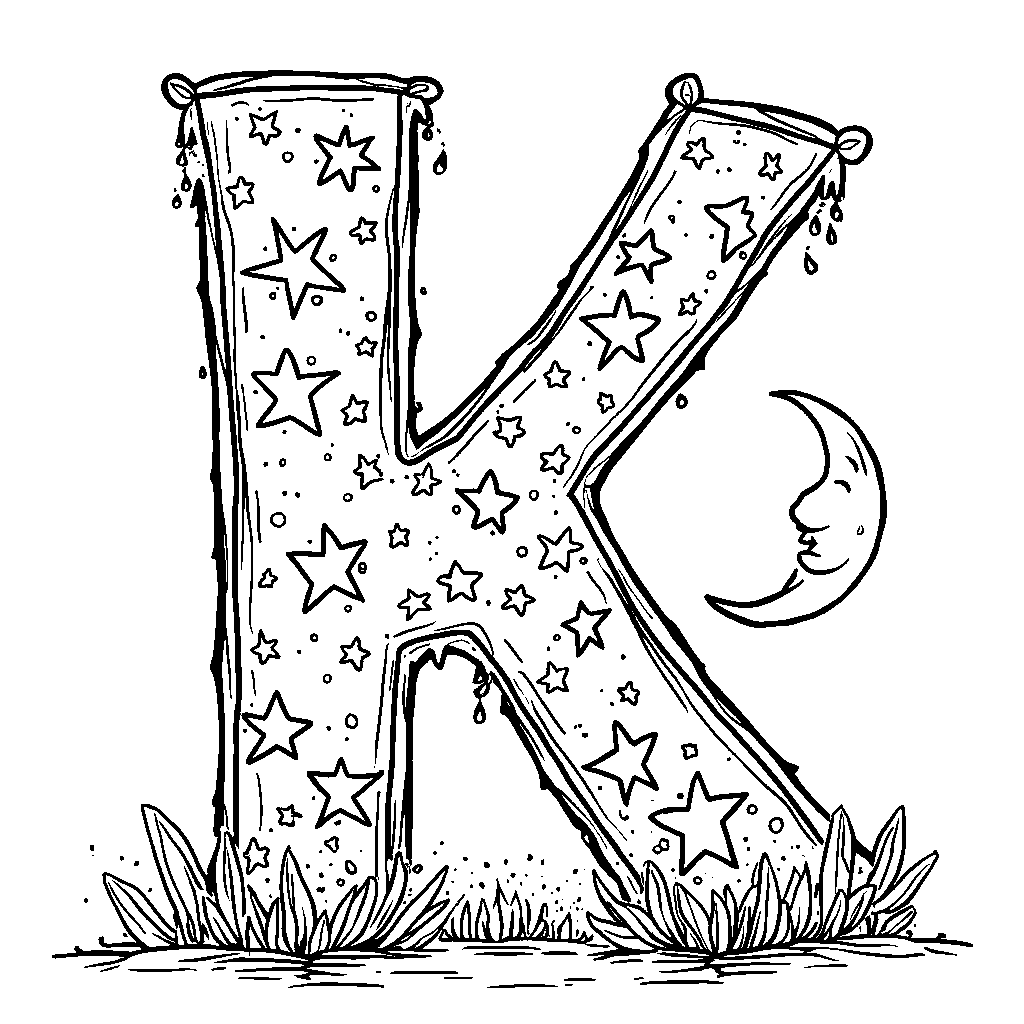 The letter K covered in glittering stars and moon