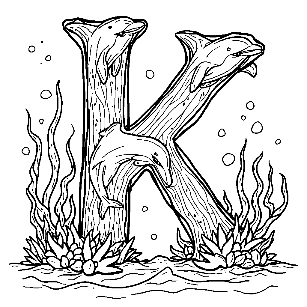 The letter K designed with ocean waves and friendly dolphins