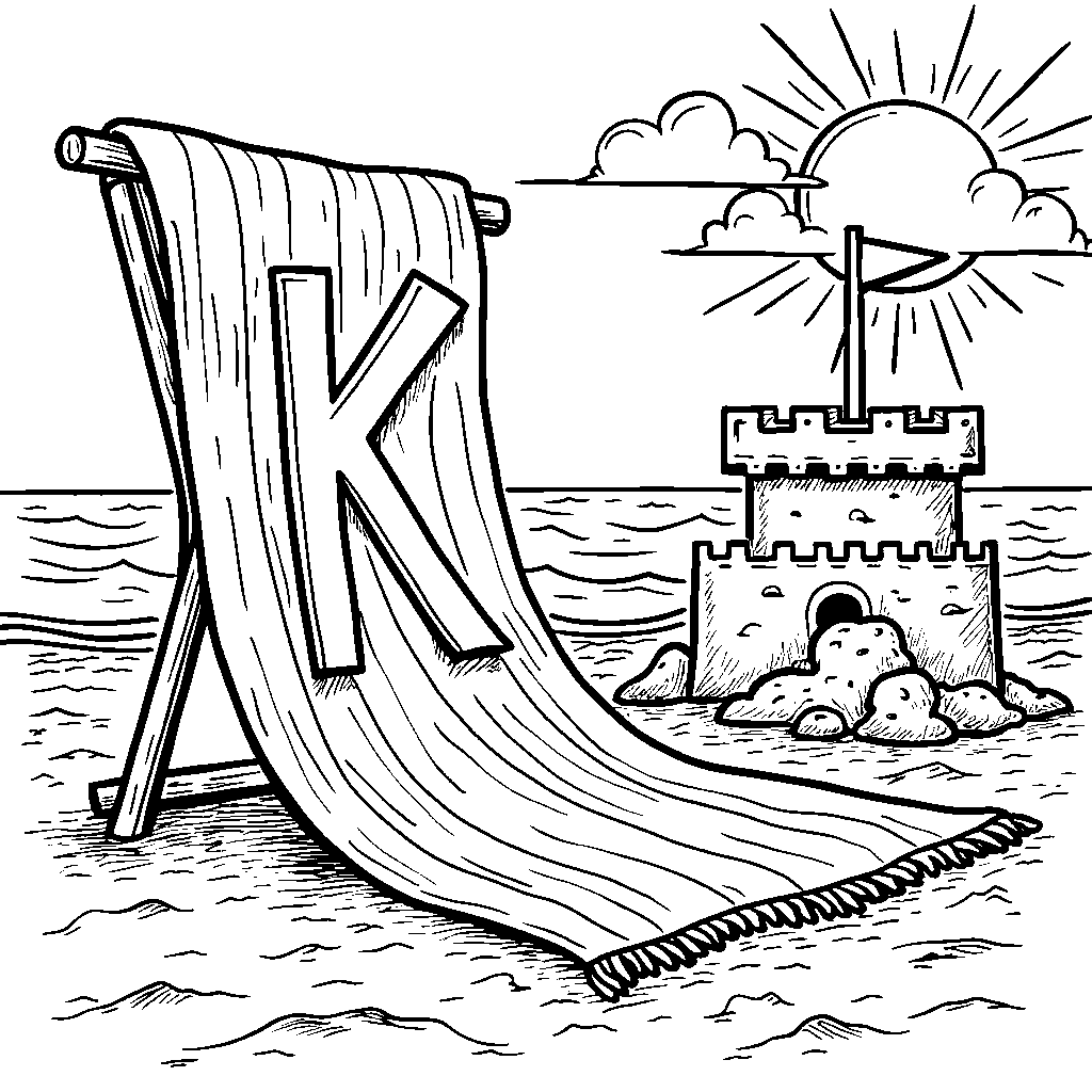 The letter K drawn on a beach towel with sandcastle nearby