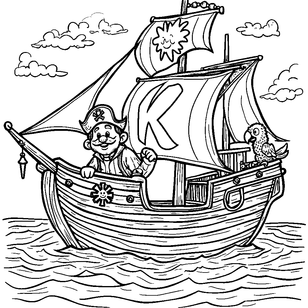 The letter K sailing on a pirate ship over the sea