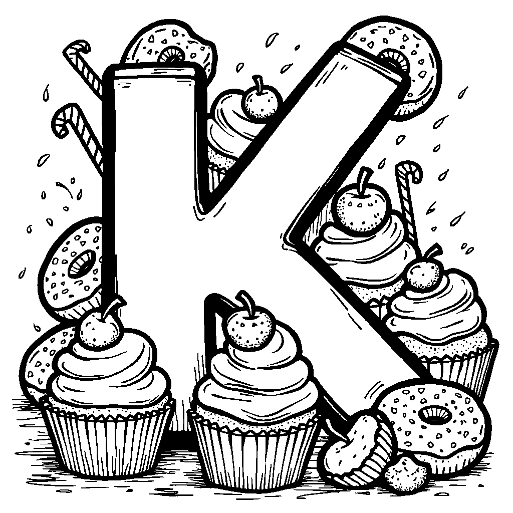 The letter K surrounded by cupcakes and treats for a party