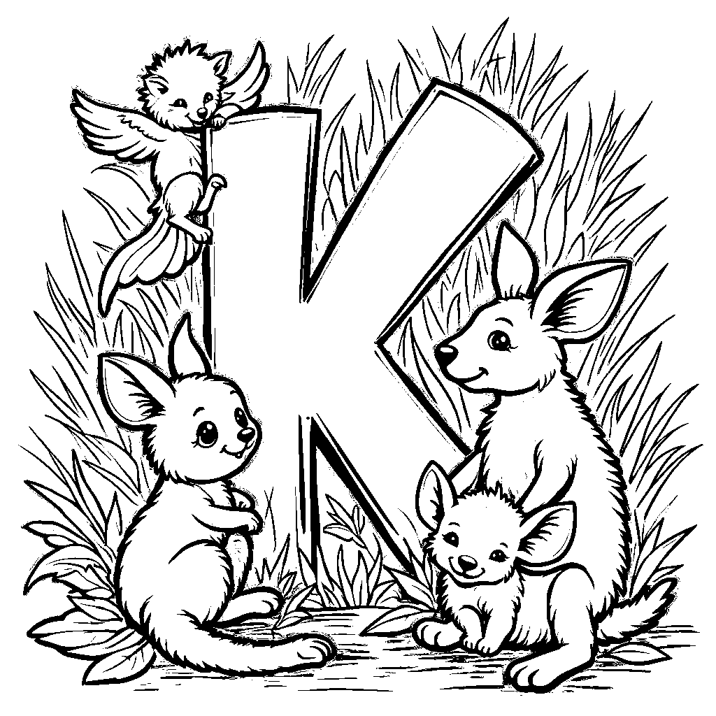 The letter K surrounded by different animals, such as a kitten and a kangaroo