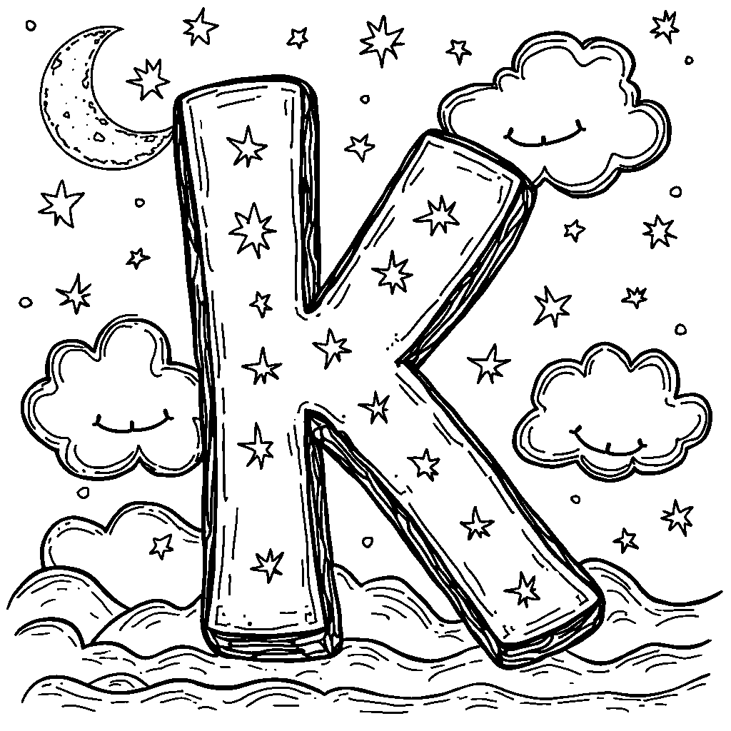 The letter K surrounded by stars in a night sky