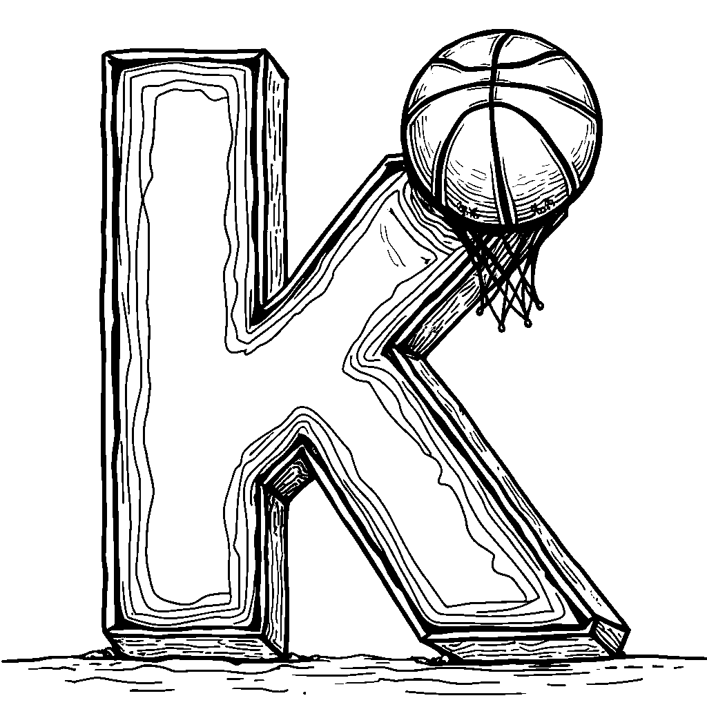 The letter K with a basketball hoop and a basketball