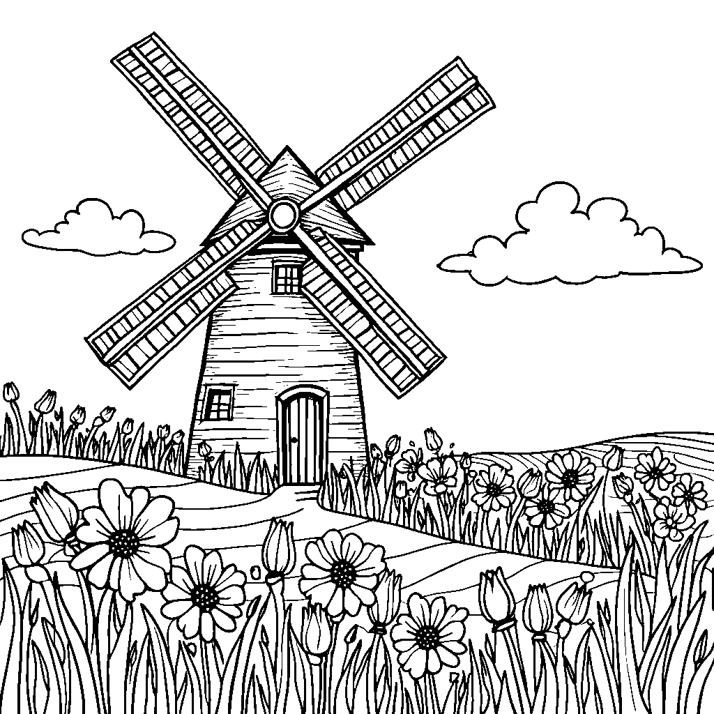 A letter L as a windmill in a vibrant field of flowers