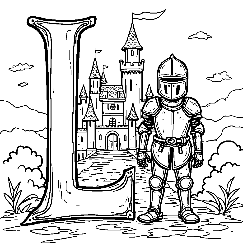 A letter L dressed as a knight standing guard by a castle