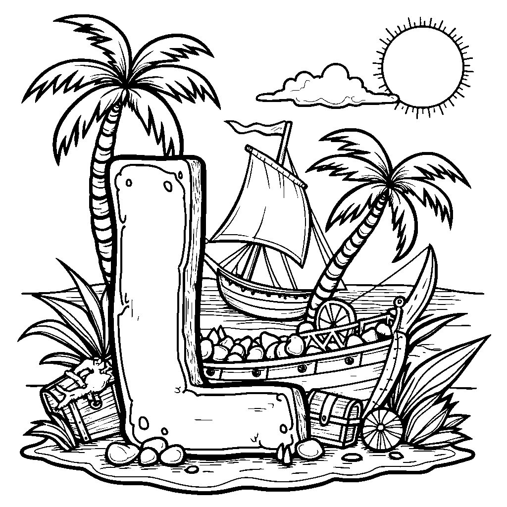 A letter L exploring a treasure island with palm trees