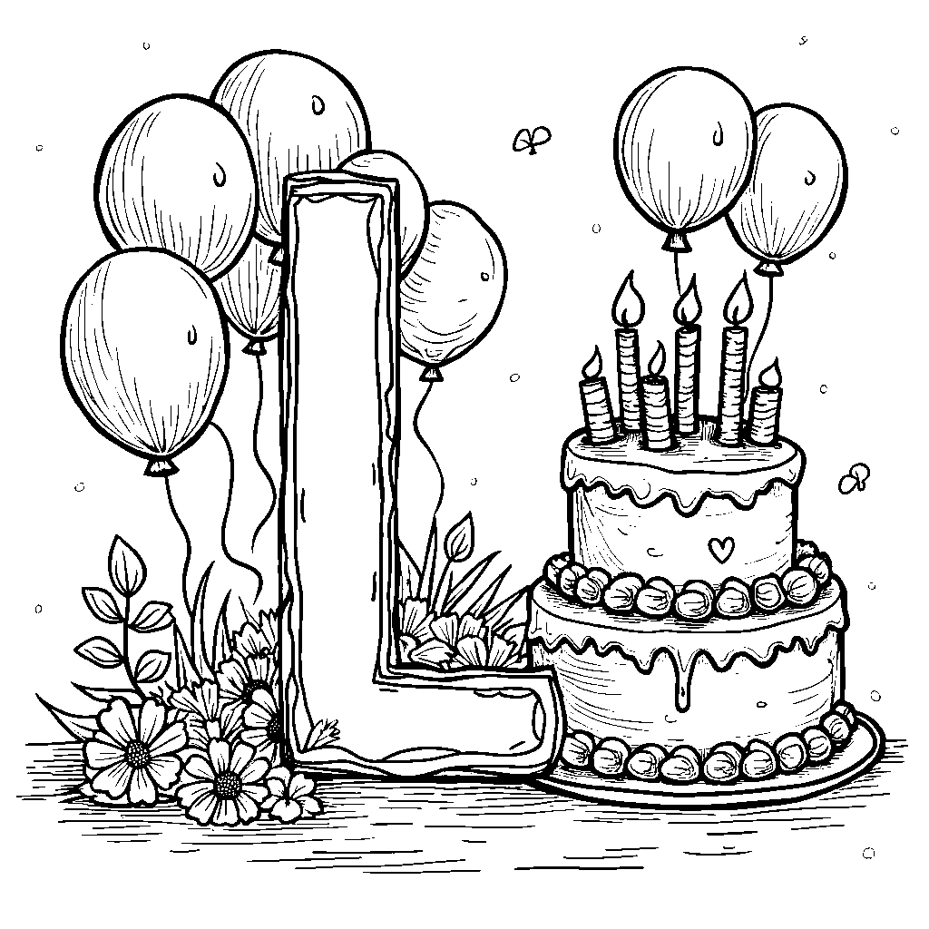 A letter L hosting a birthday party with balloons and cake