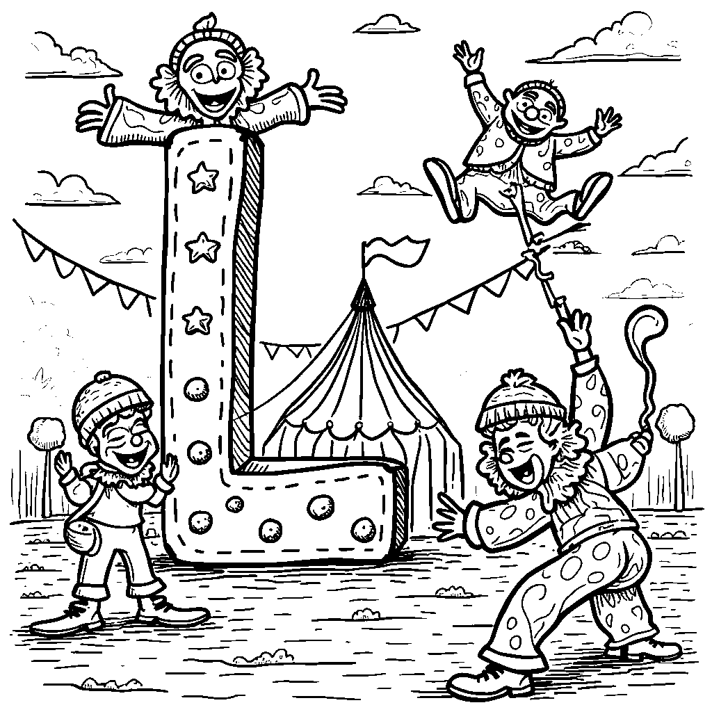 A letter L in a circus scene with clowns and acrobats