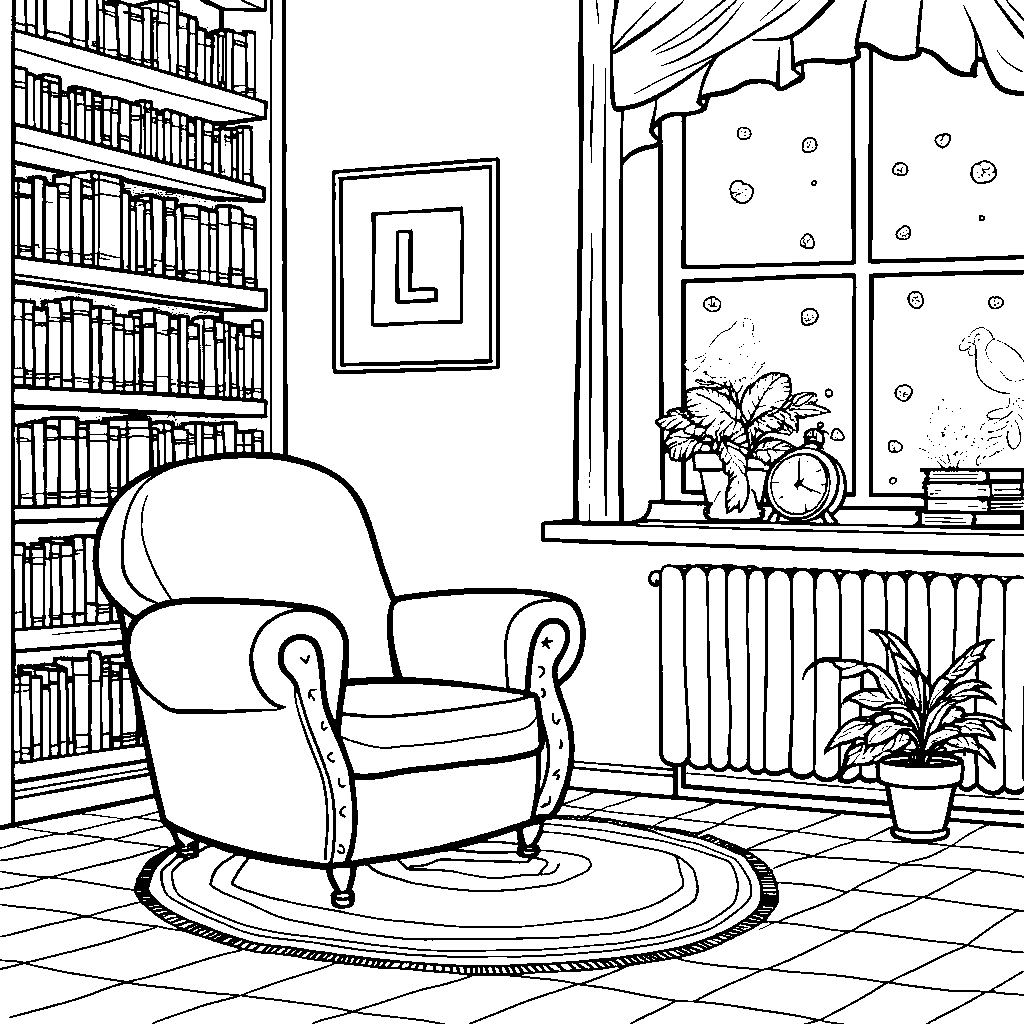 A letter L in a cozy room with books and a comfy chair