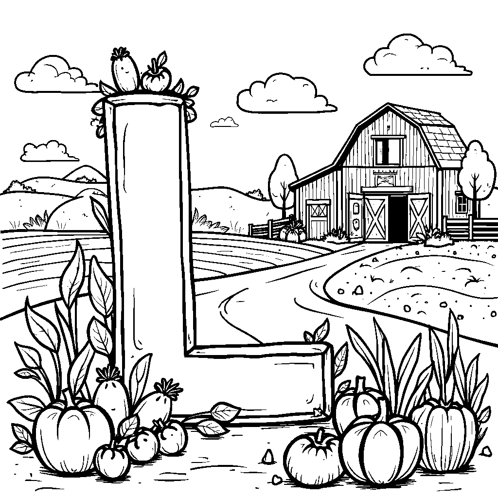 A letter L in a farm setting with cute crops and a barn