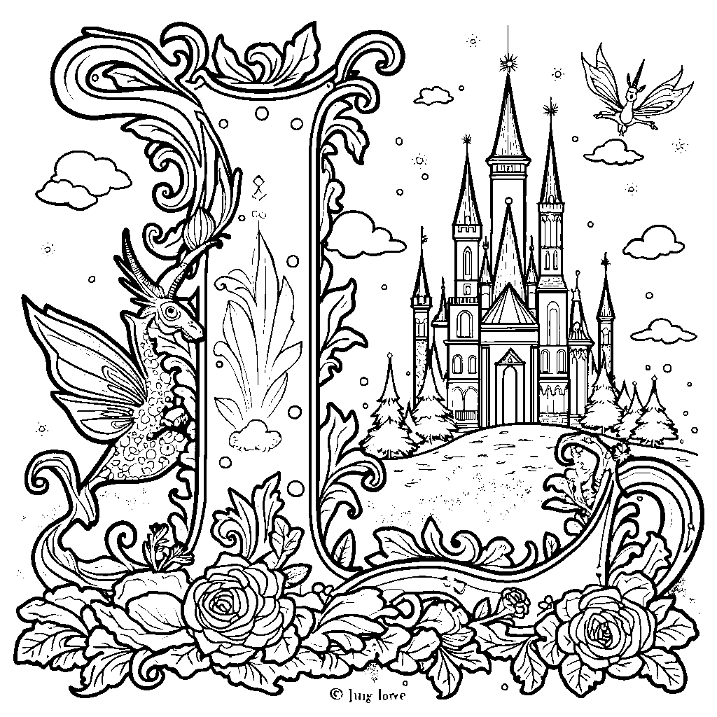 A letter L in a magical fairytale scene with castles