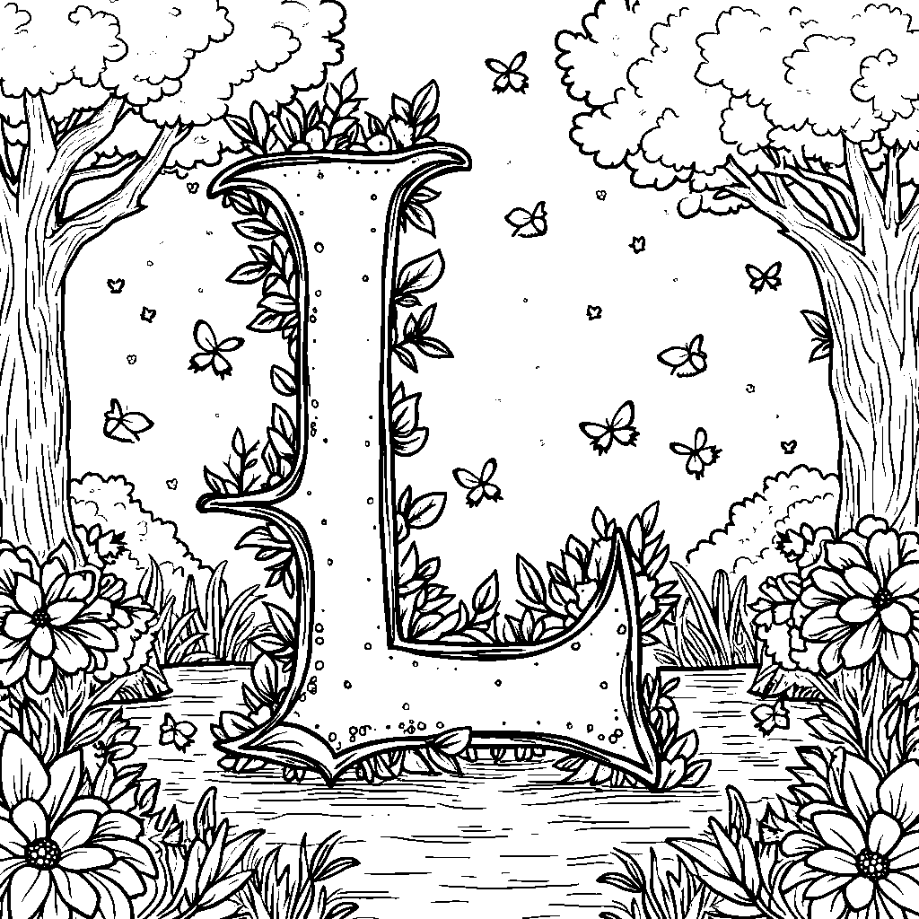 A letter L in a magical forest with friendly creatures