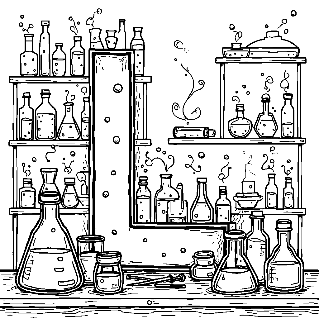 A letter L in a science lab with colorful potions