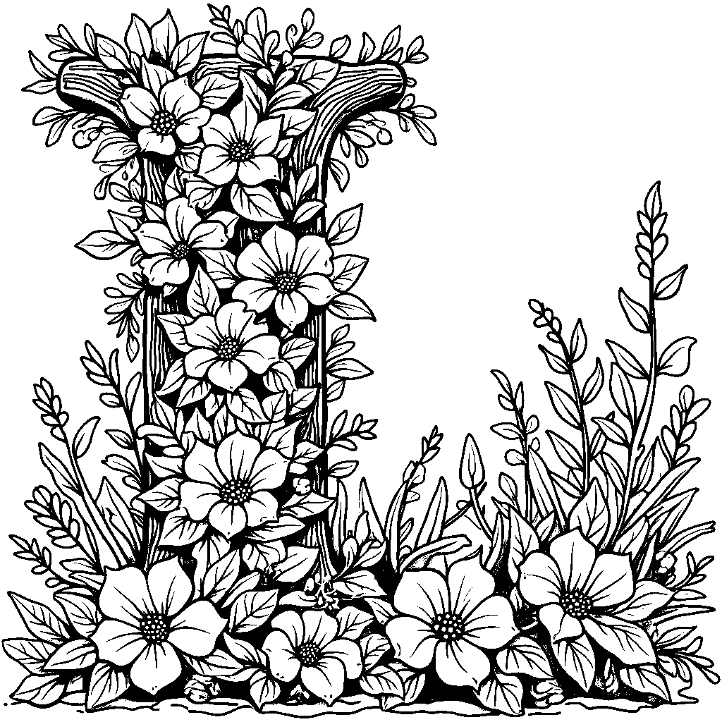 A letter L made of flowers and vines in a garden