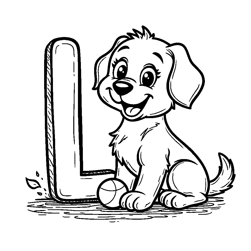 A letter L next to a happy puppy and a ball