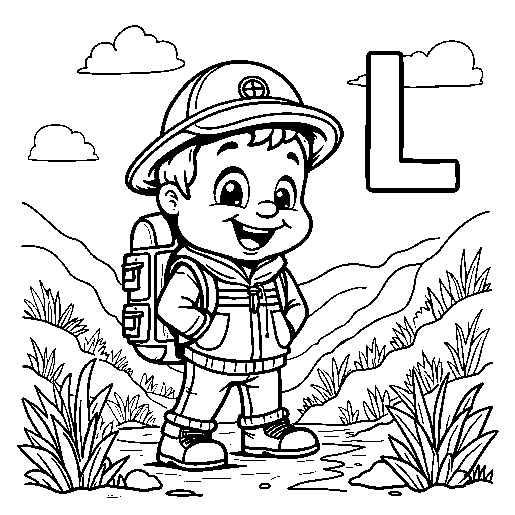 A letter L on an adventure with a compass and a backpack