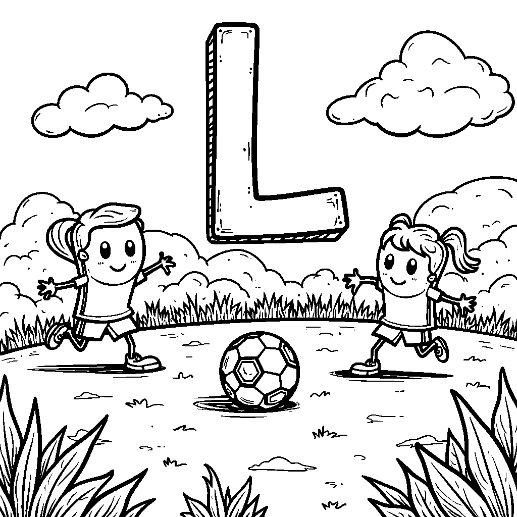 A letter L playing soccer with friends on a field