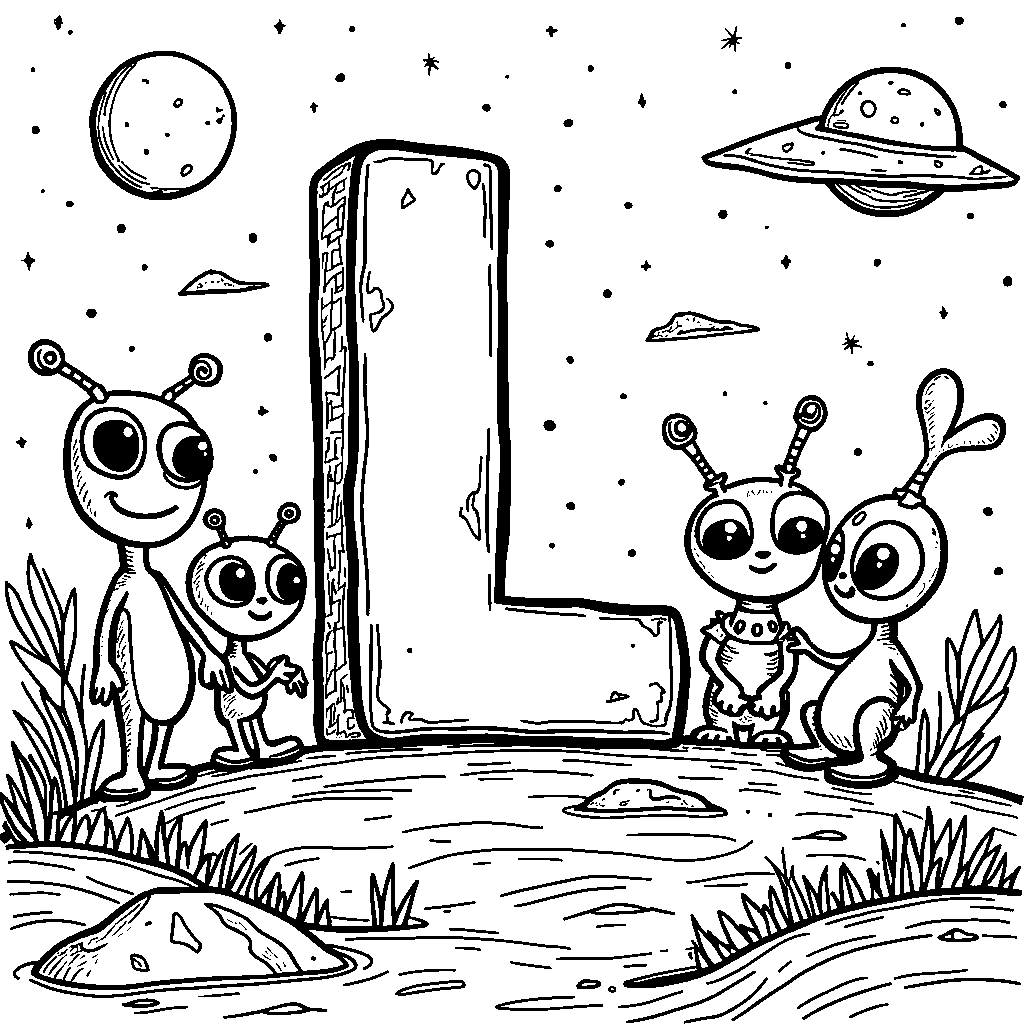 A letter L surrounded by friendly aliens on another planet