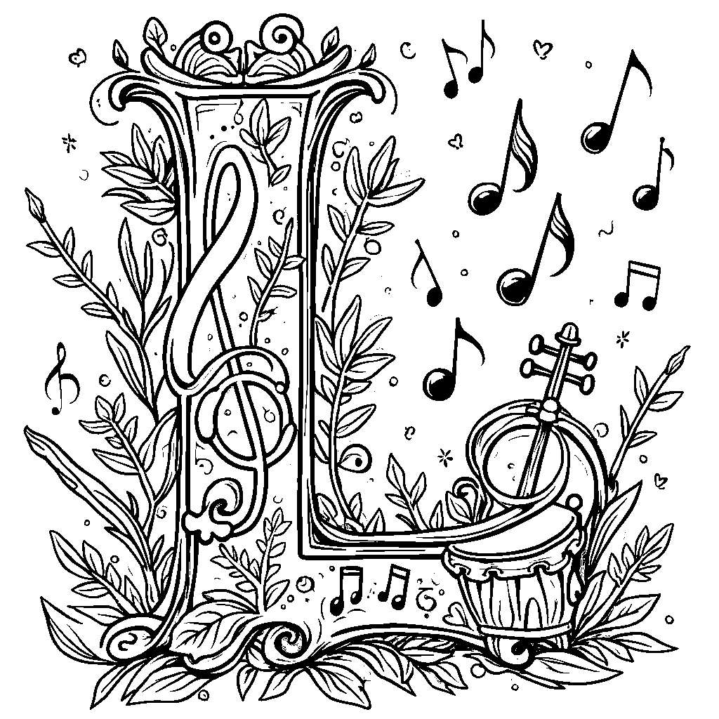 A letter L surrounded by musical notes and instruments