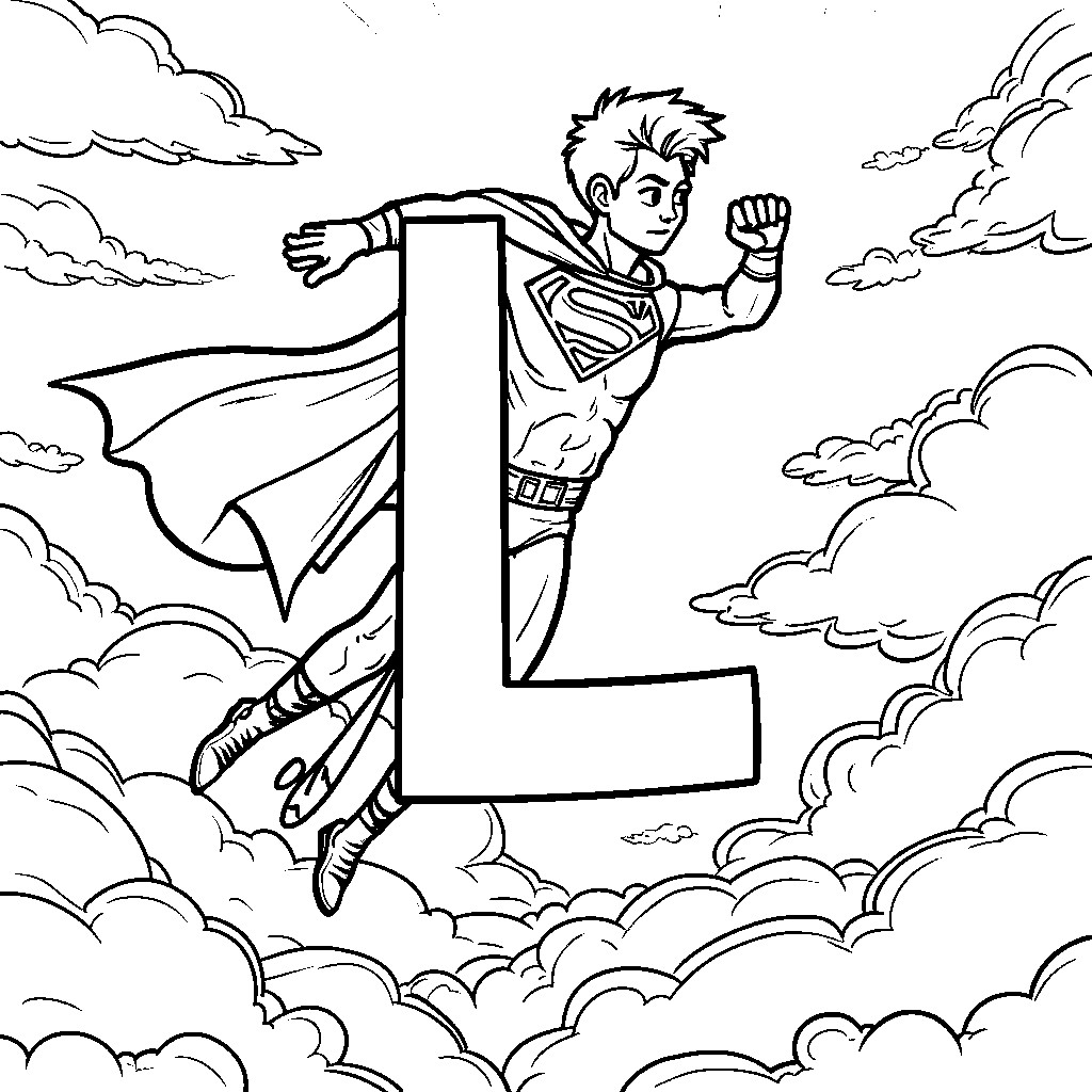 A letter L with superhero capes flying through the sky