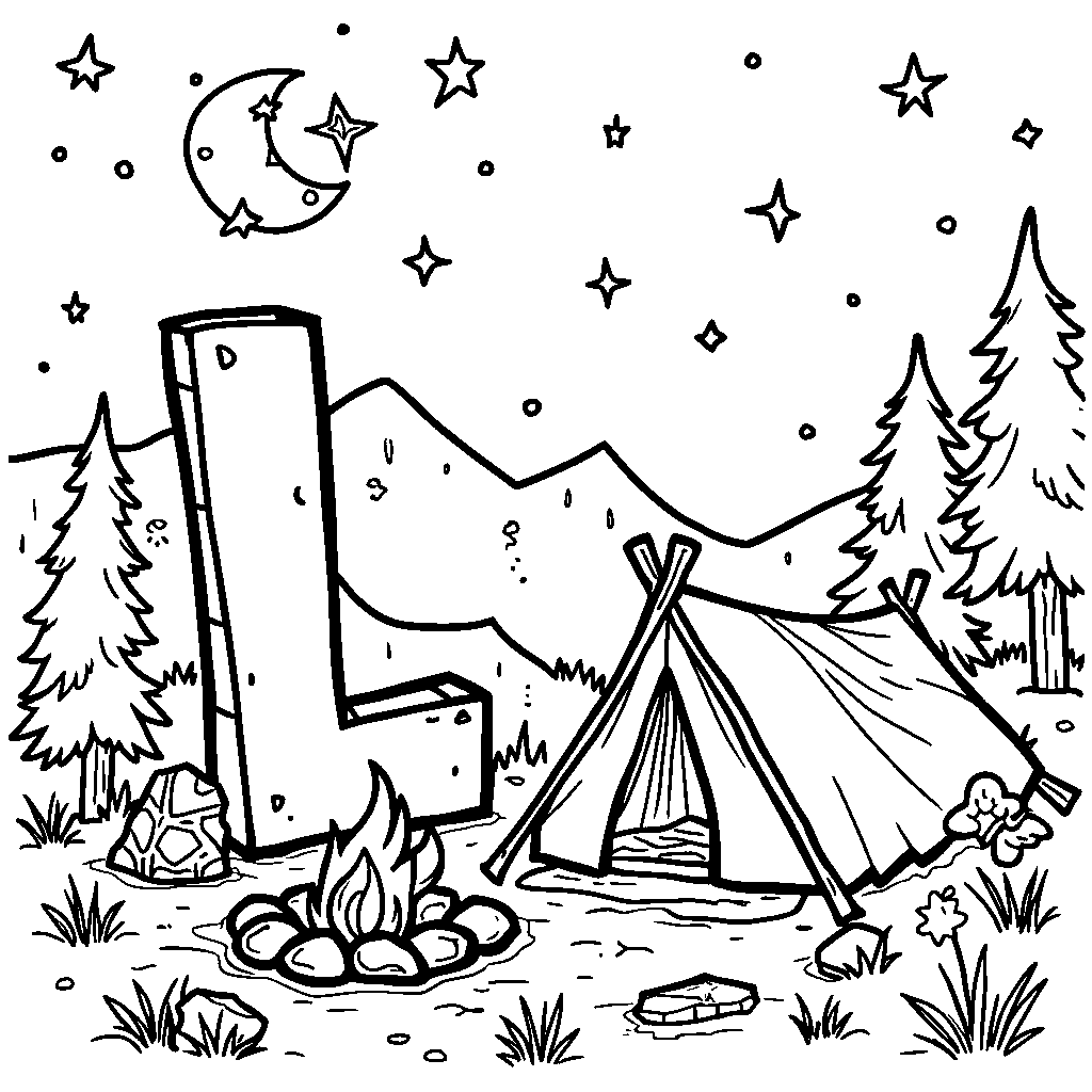 A playful letter L camping with a tent and campfire