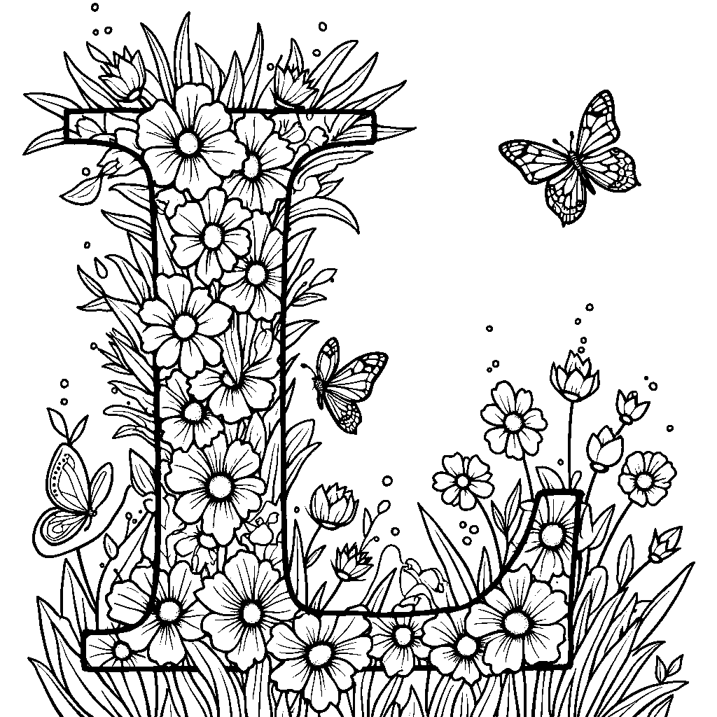 A playful letter L surrounded by butterflies and flowers