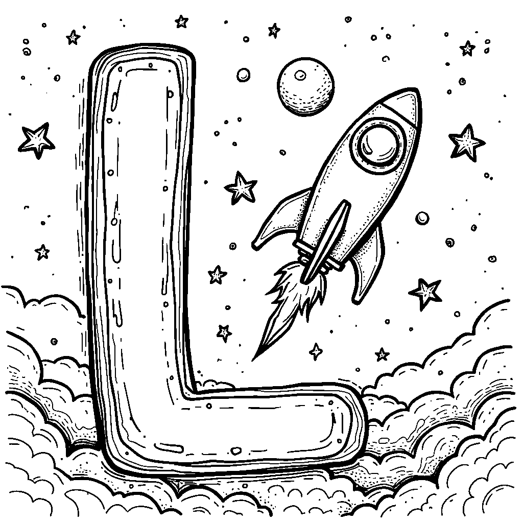 A letter L in a space scene with stars, planets, and rockets